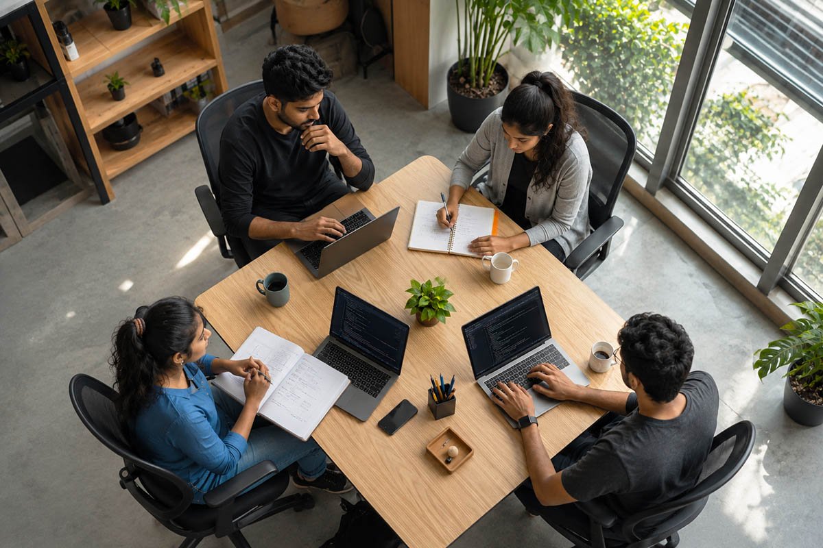 Ultrizoe team collaborating at a shared workspace